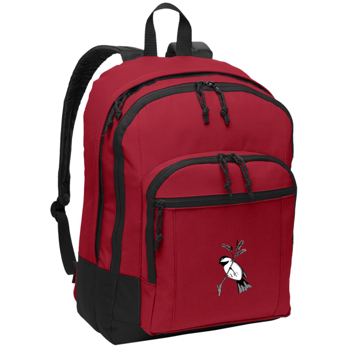 Red poly canvas back pack black capped chickadee