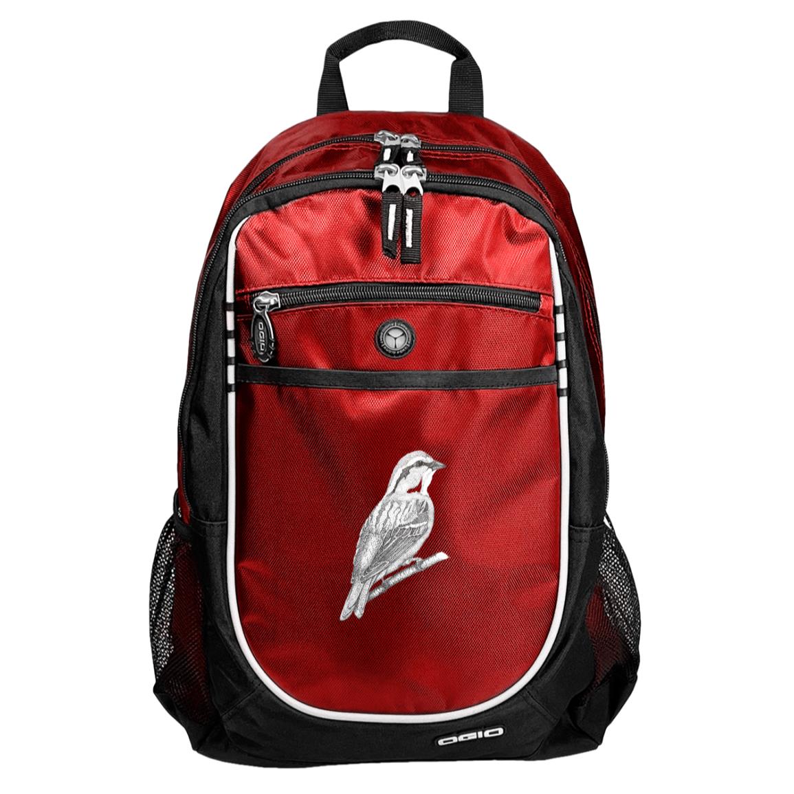 Red sport backpack chipping sparrow