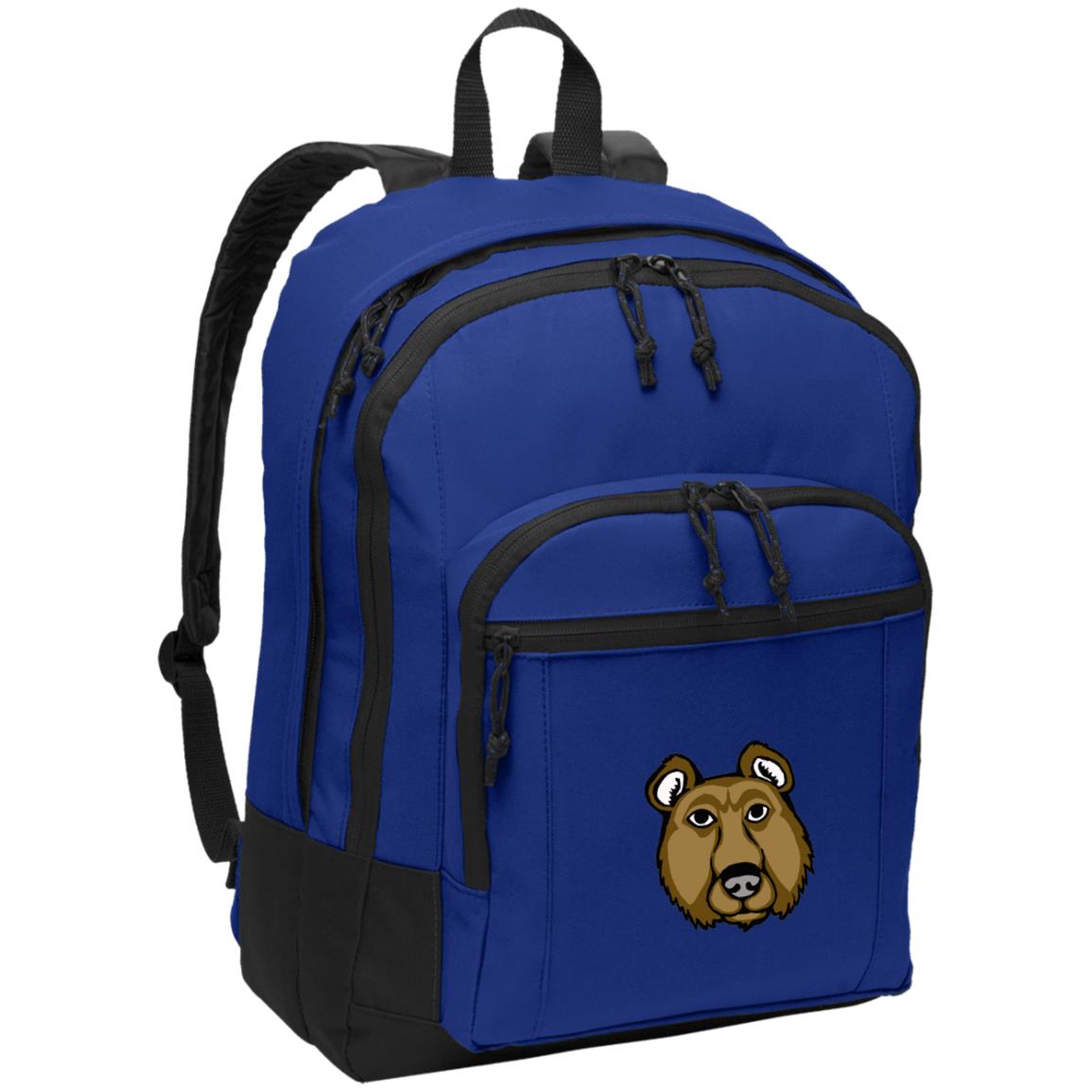 Blue poly canvas back pack brown bear