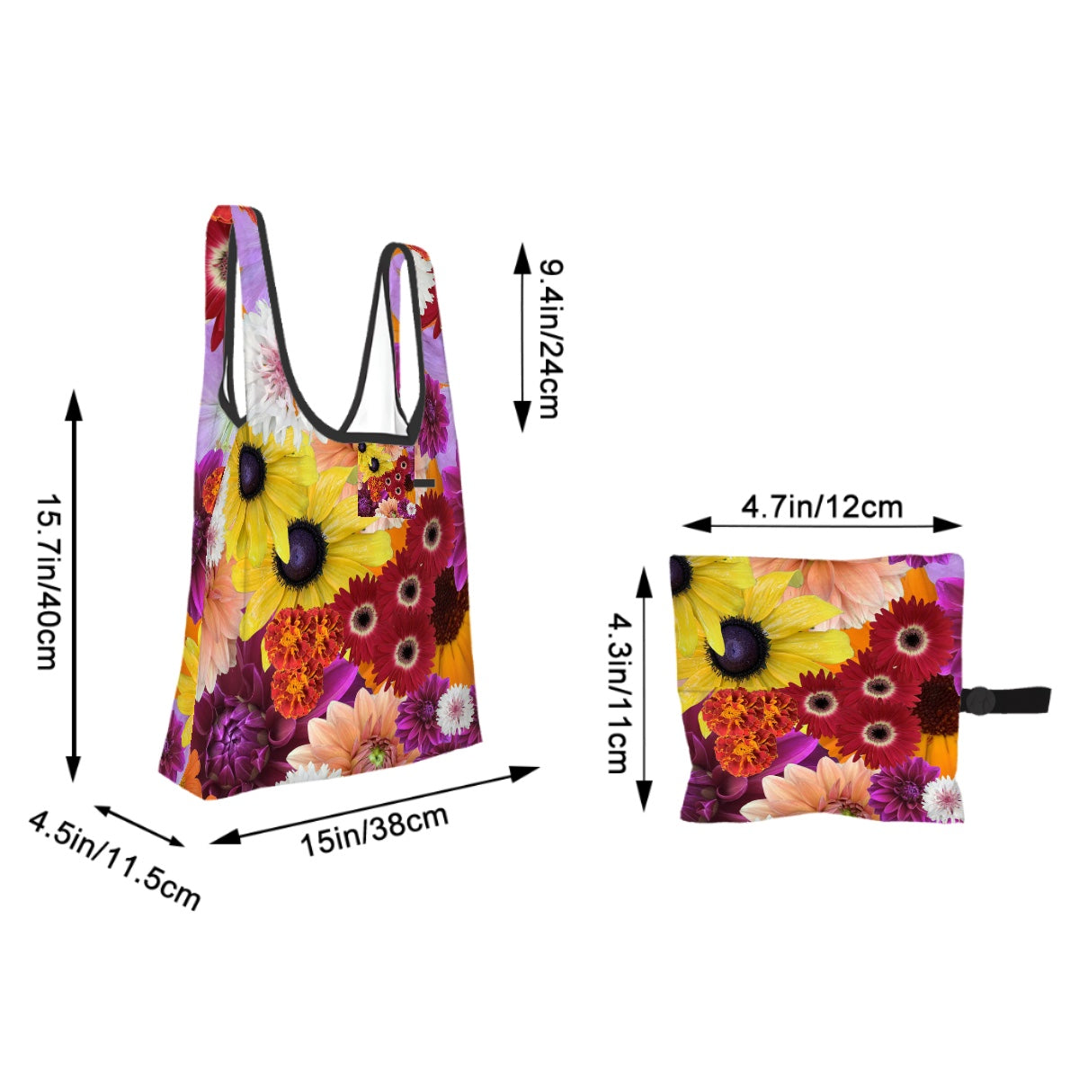 Folding shopping bag (Polyester with storage pouch) Flower Fun 1