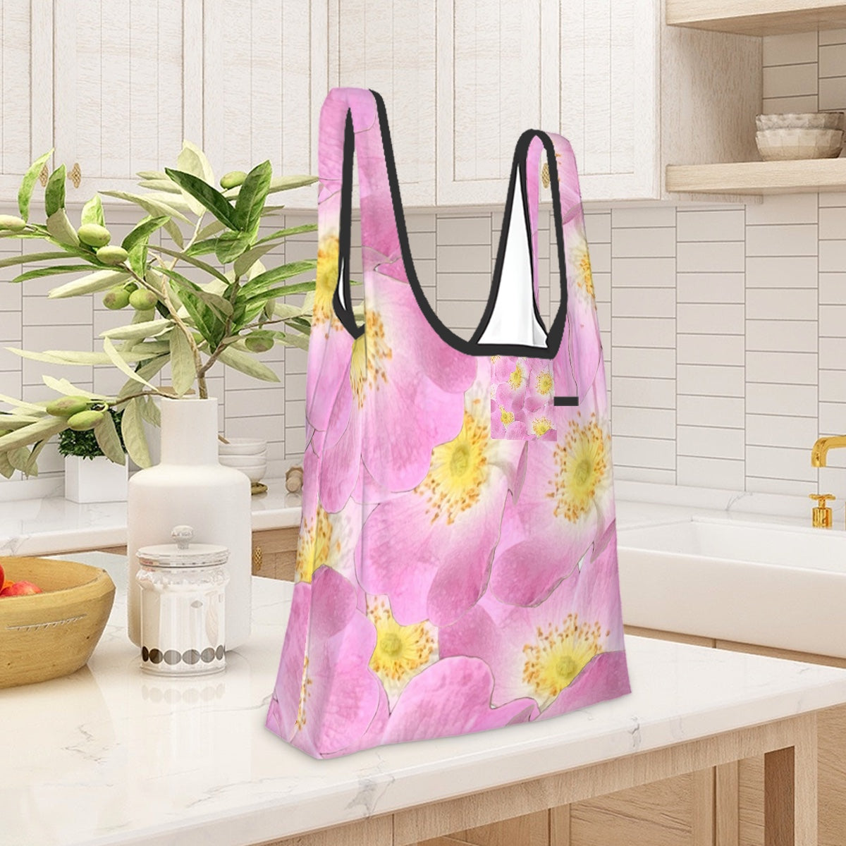 Folding shopping bag (Polyester with storage pouch) wild rose 1