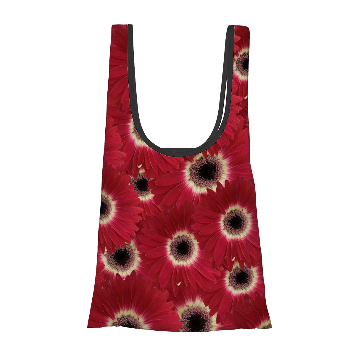 foldable shopping bag with pouch red gerbera daisy floral pattern