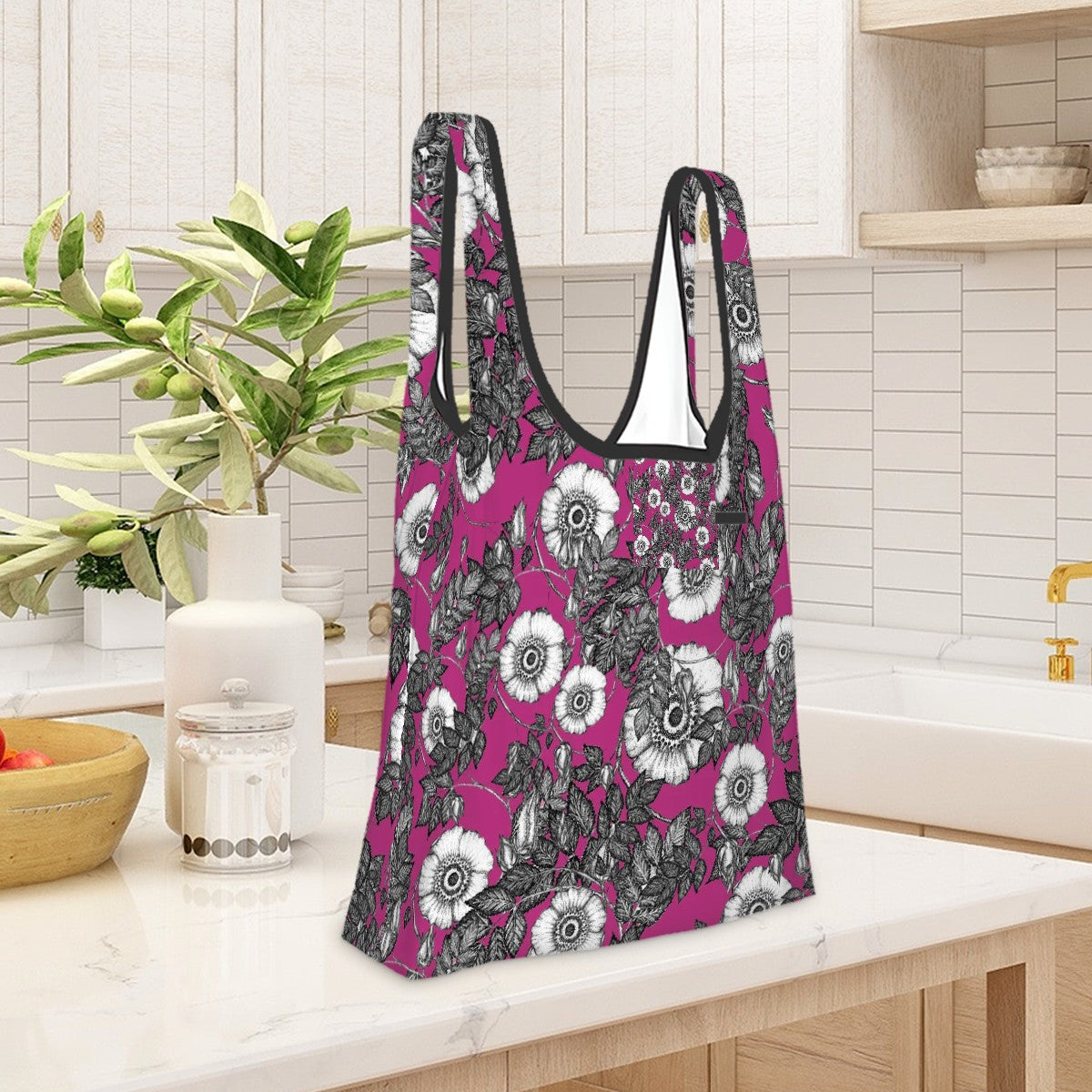 folding shopping bag polyester wild rose pattern