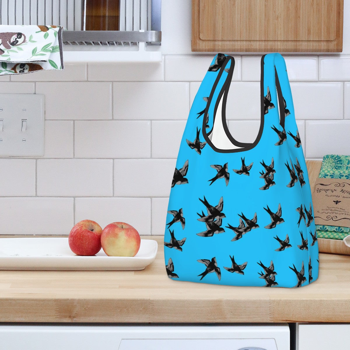 Folding polyester shopping bag with pouch barn swallows pattern