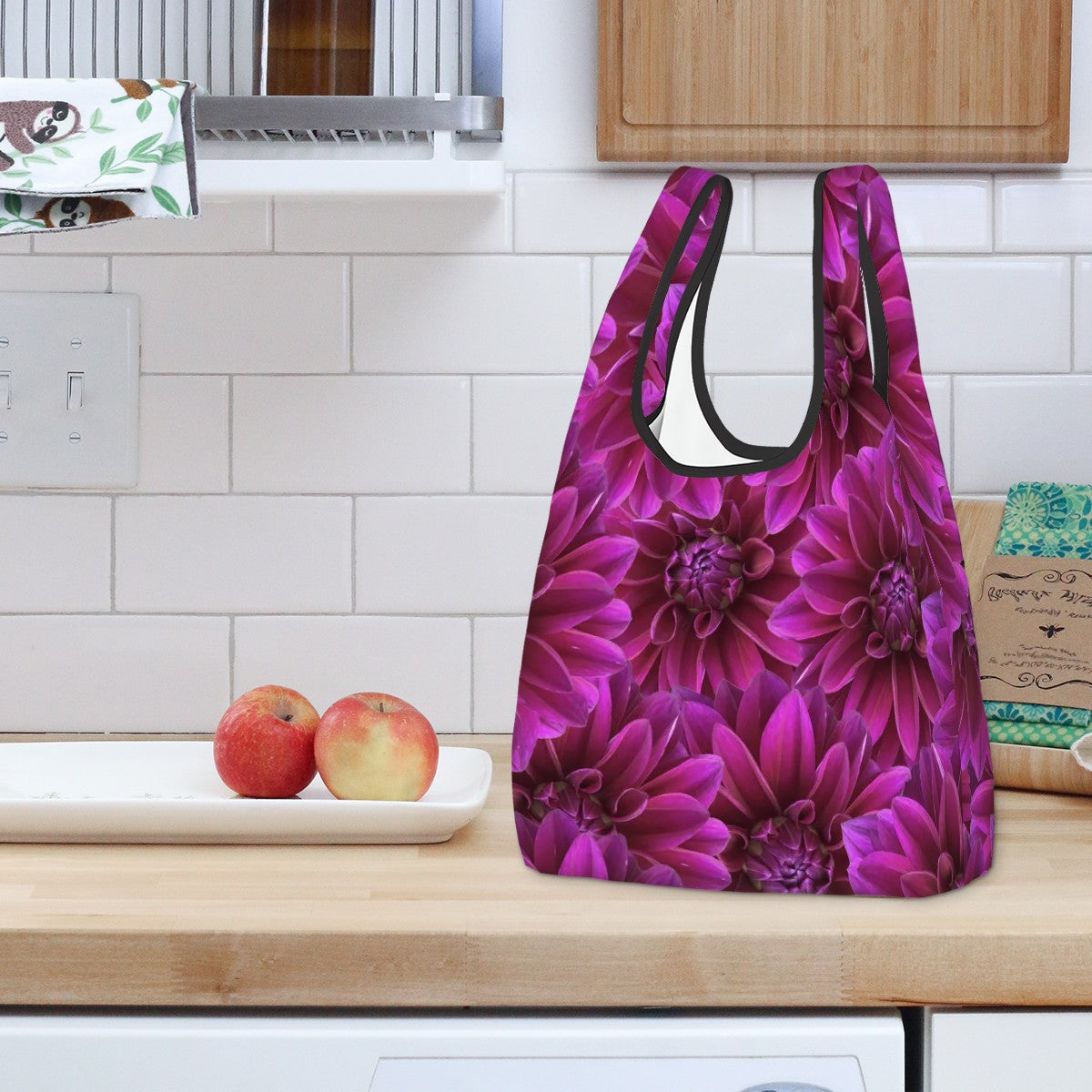 foldable shopping polyester bag purple dahlia pattern 