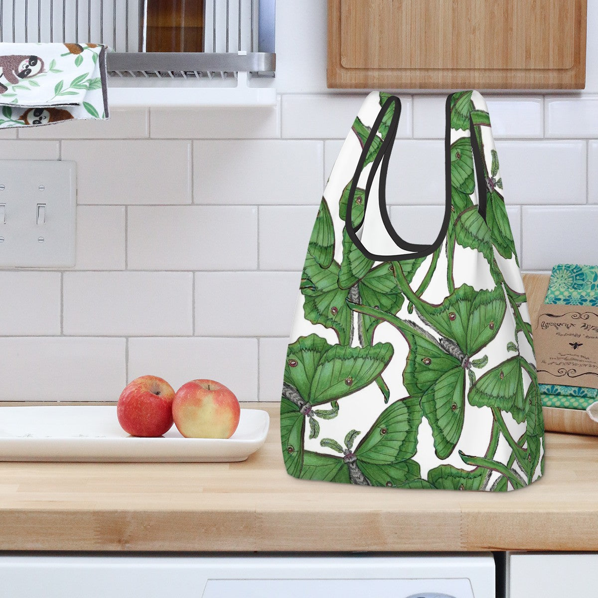 folding shopping bag with green luna moth pattern