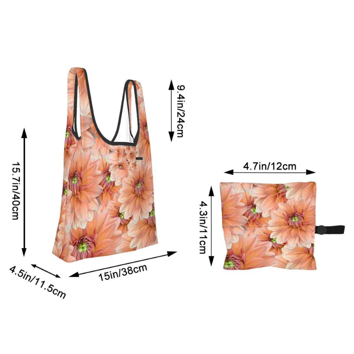 Folding shopping bag (polyester with storage pouch) pink dahlia pattern