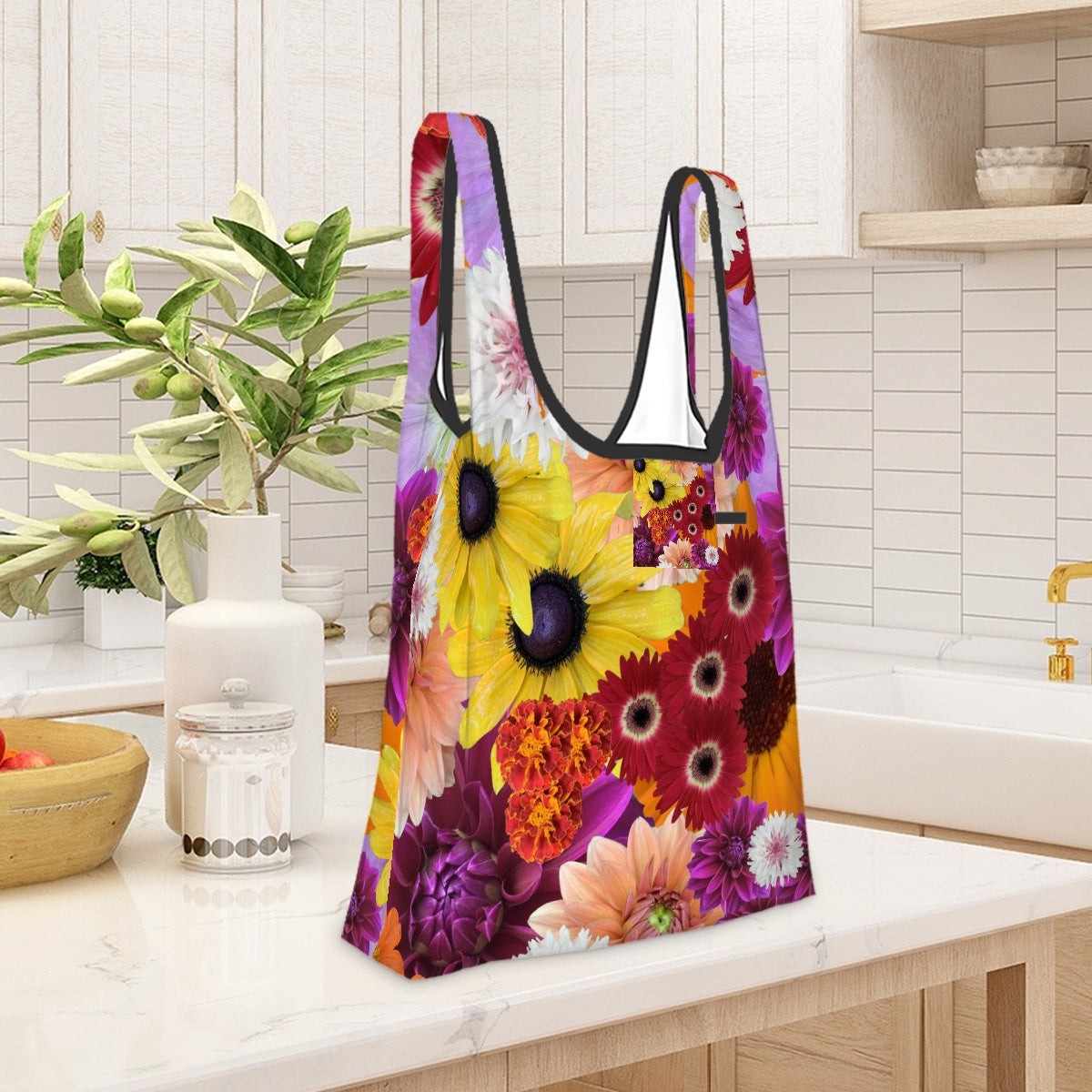 Folding shopping bag (Polyester with storage pouch) Flower Fun 1