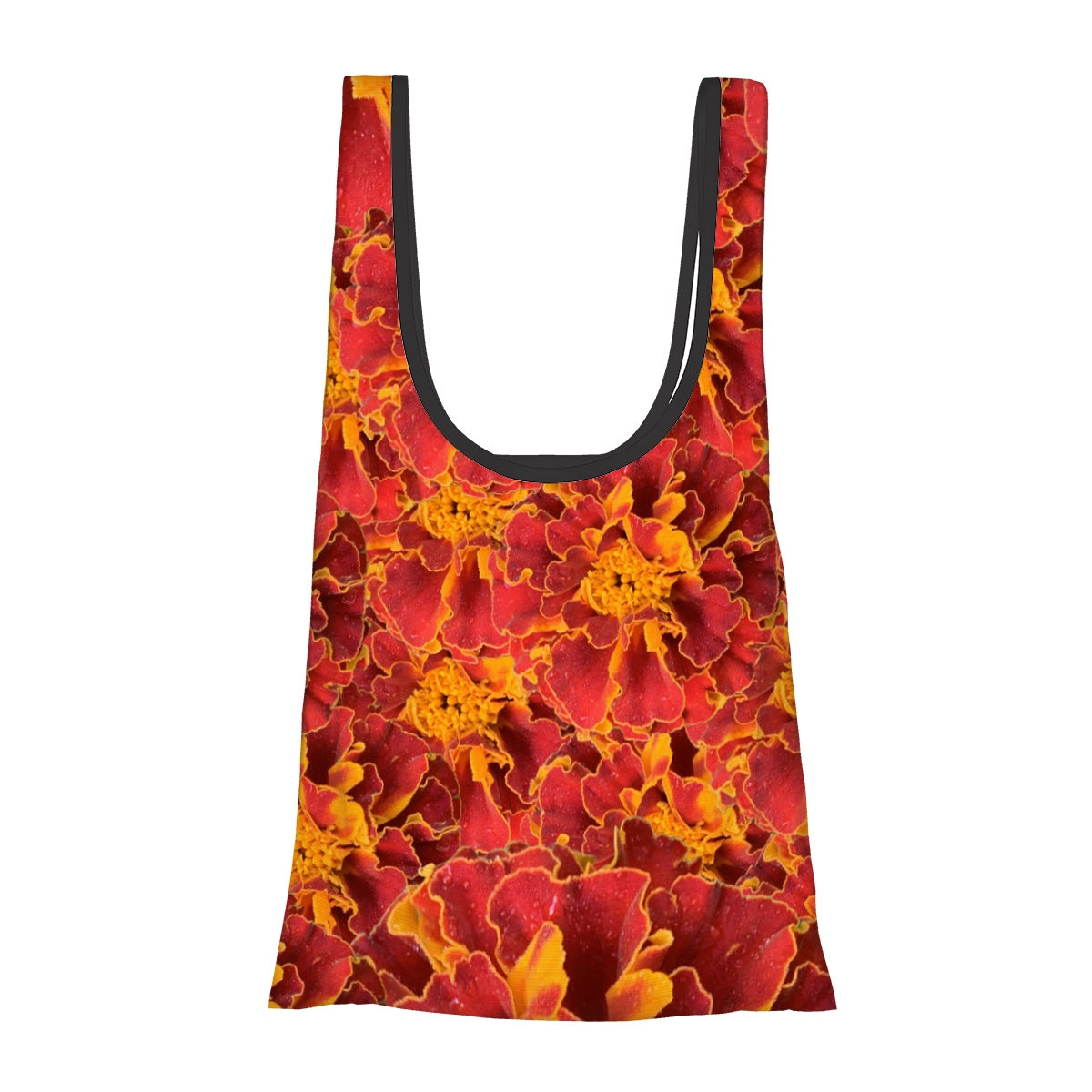 foldable shopping bag with pouch orange marigold floral pattern