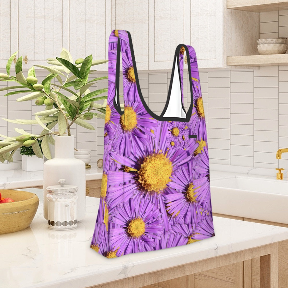 Folding shopping tote (Polyester with storage pouch) Purple aster 1