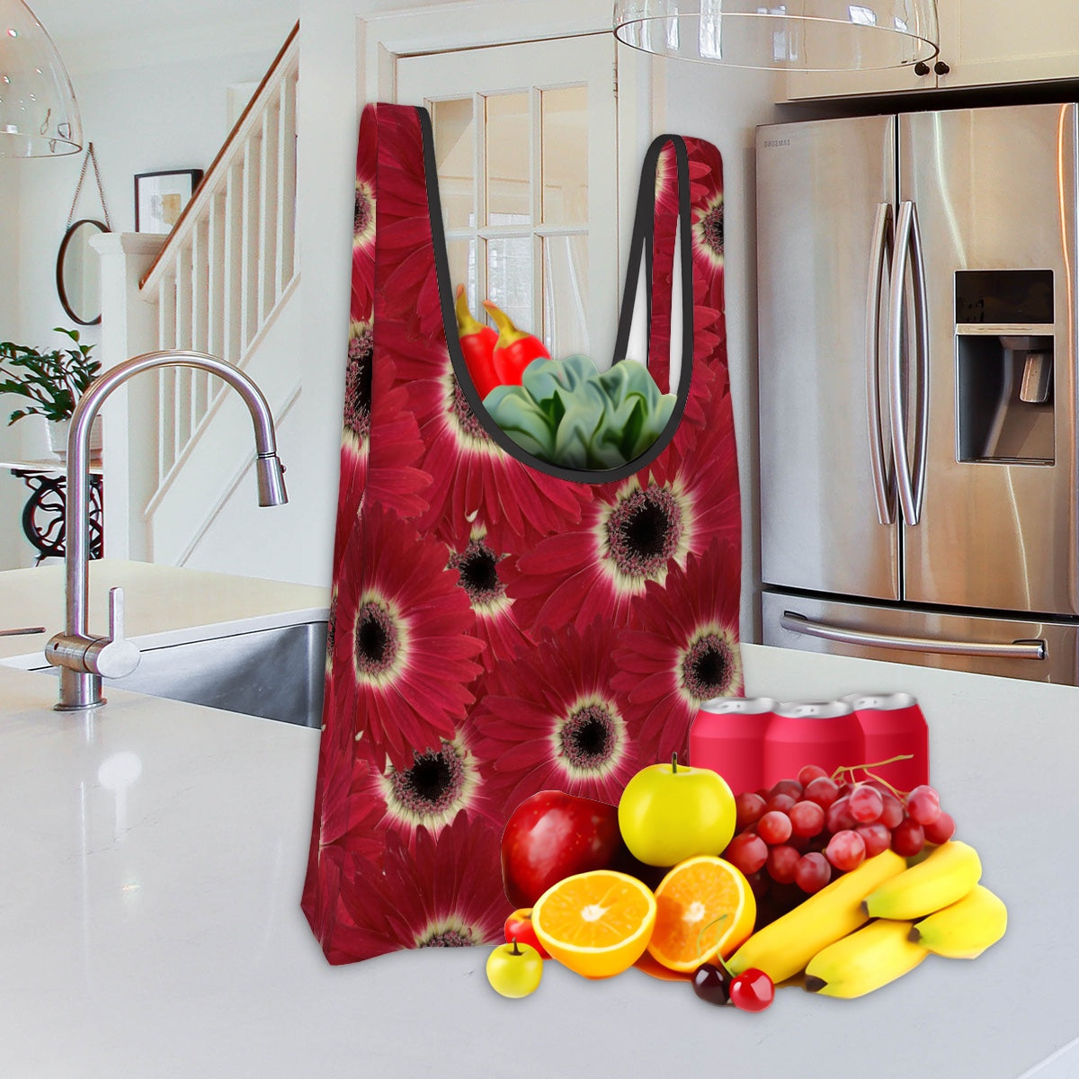 Folding shopping bag (Polyester with storage pouch) Red gerbera daisy 1