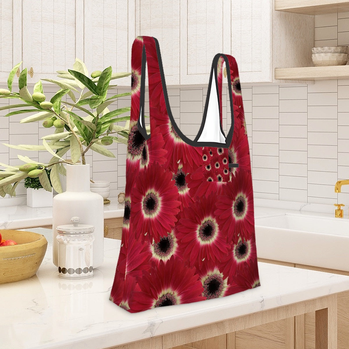 Folding shopping bag(Polyester with storage pouch) red gerbera daisy