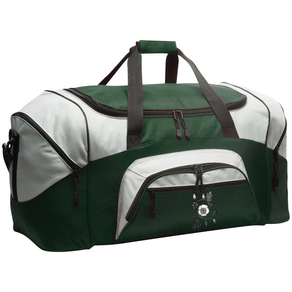 Green and grey duffle bag (Large) with pockets and wild rose drawing