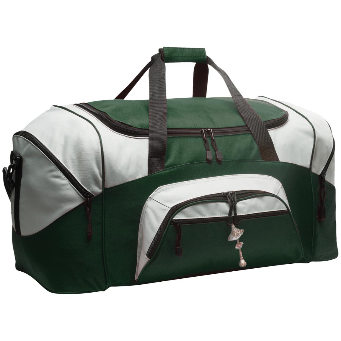 Green and grey duffle bag with pockets and parasol mushroom