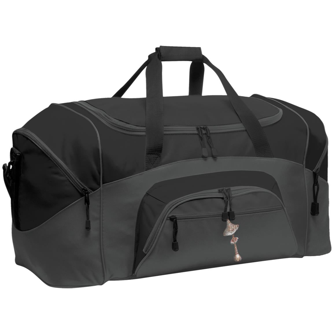 Grey and black large duffle bag with pockets and parasol mushroom