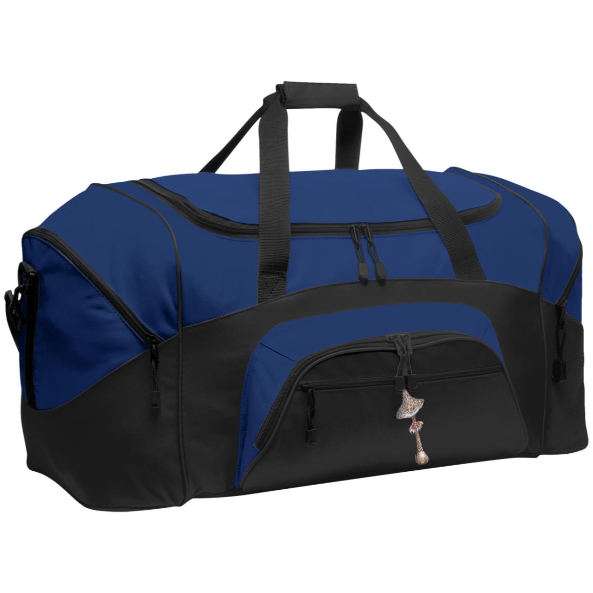 Large duffle bag with pockets blue and black with parasol mushroom