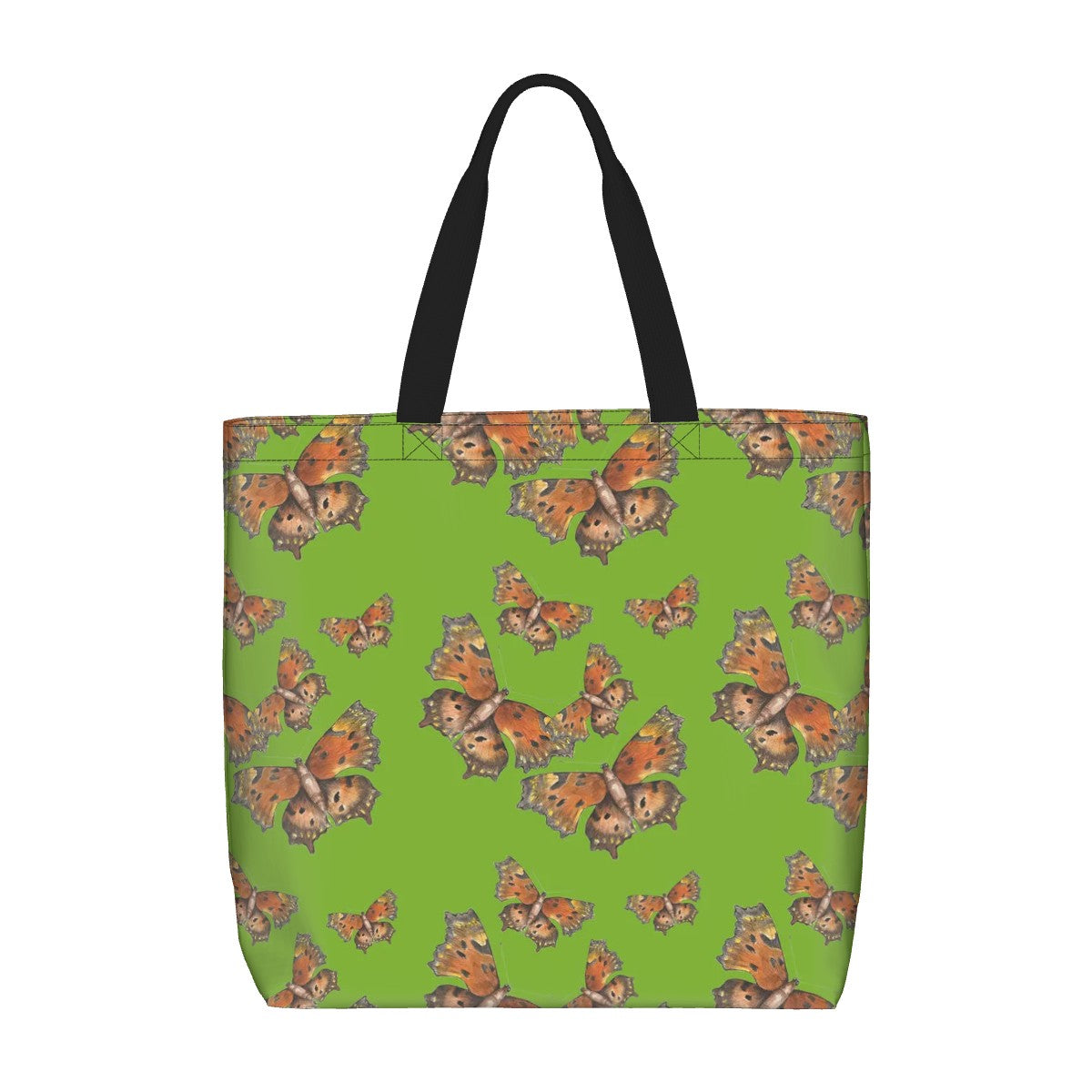 Large tote with zippered enclosure with green comma  butterfly pattern