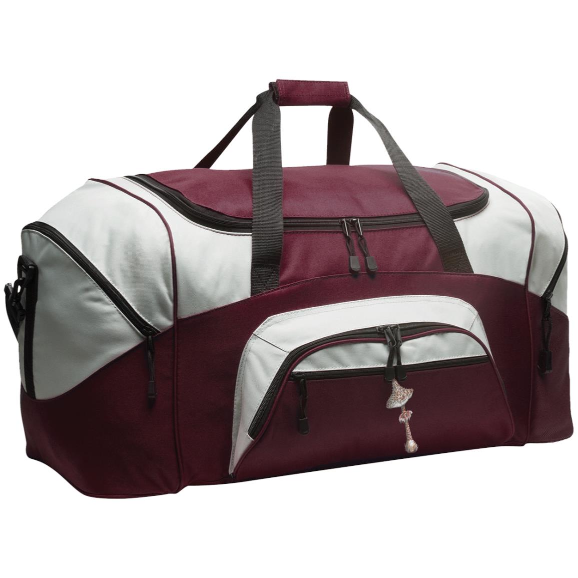 Maroon and grey large duffle bag with pockets and parasol mushroom