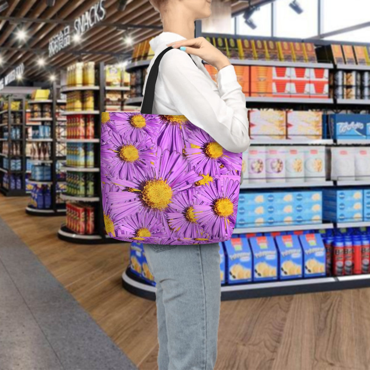 Large zippered tote with purple aster floral pattern