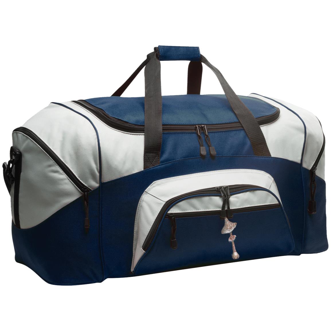 Navy and grey large duffle bag with pockets and parasol mushroom