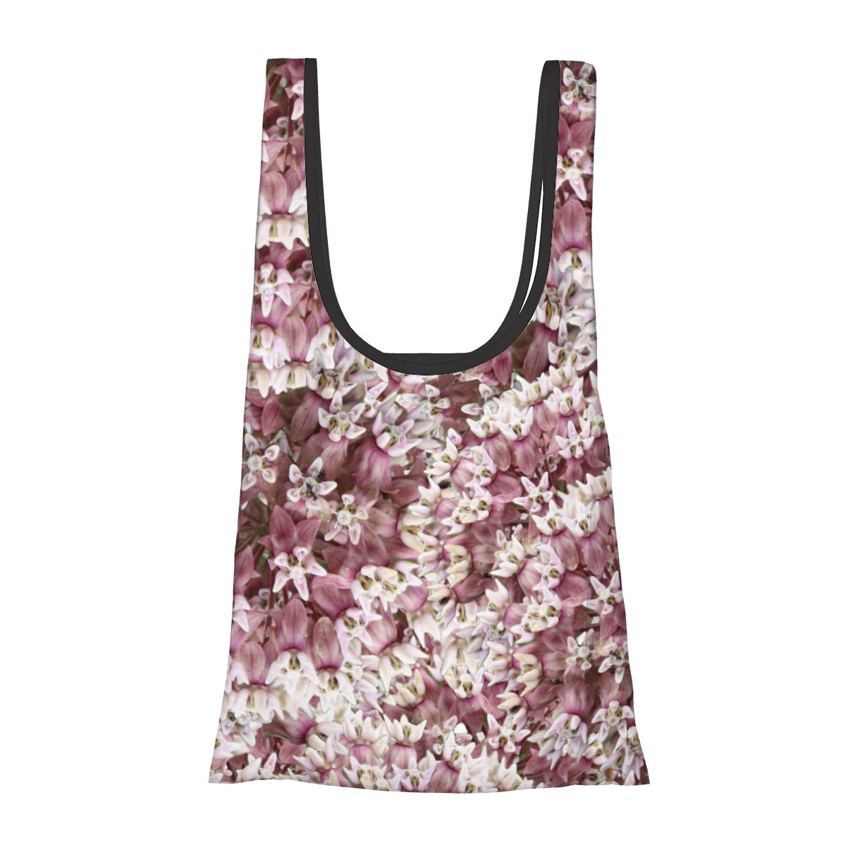 foldable shopping bag with pouch pink milkweed floral pattern