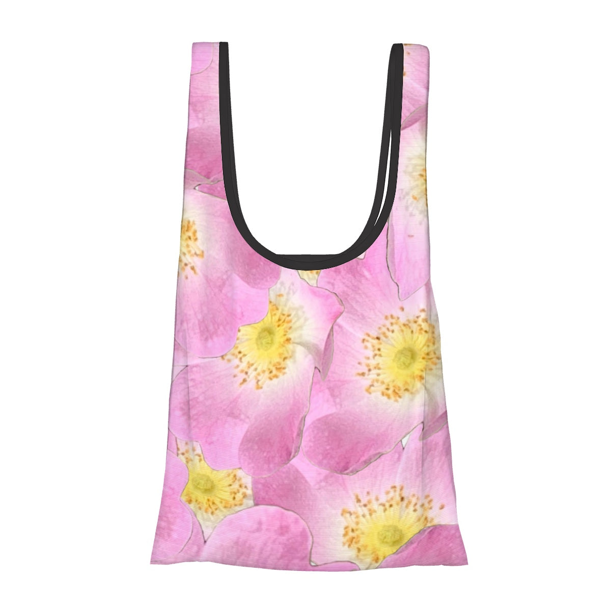 foldable shopping bag with pouch pink wild rose  floral pattern