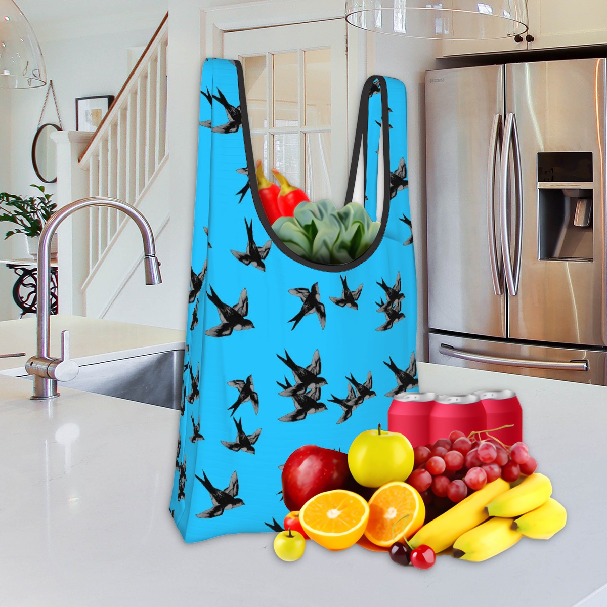 Polyester folding shopping bag with pouch barn swallows pattern