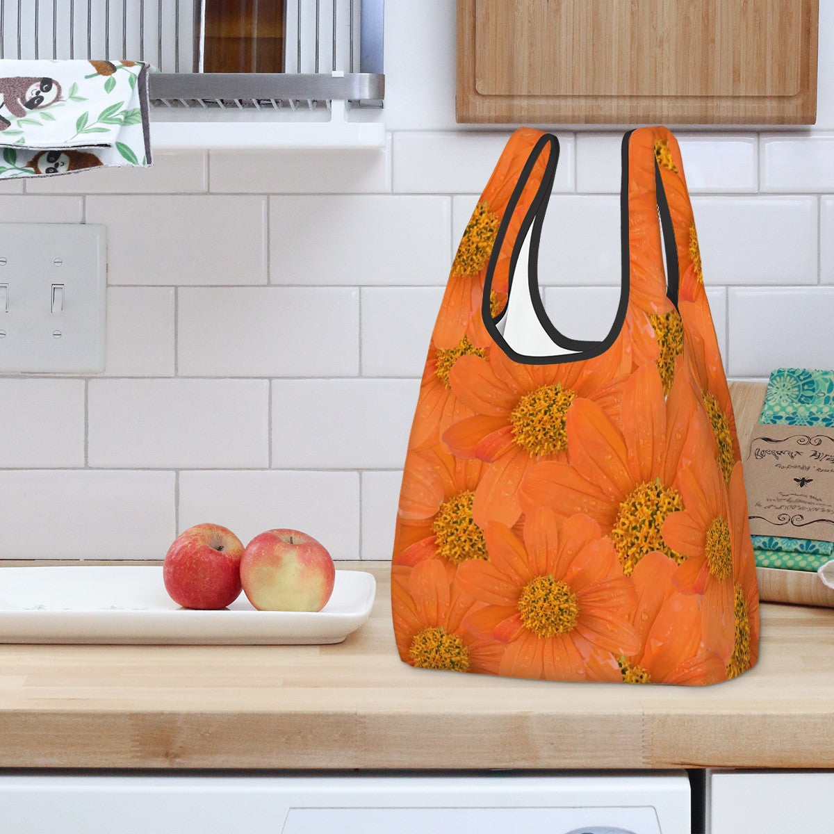 Orange foldable shopping bag with pouch tithonia floral pattern