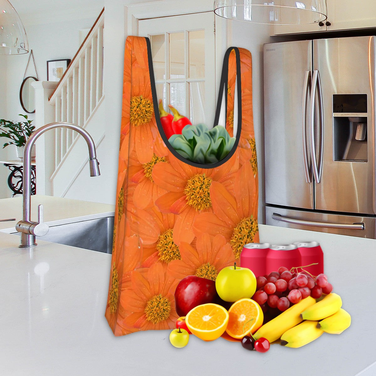 Orange polyester foldable shopping bag tithonia pattern