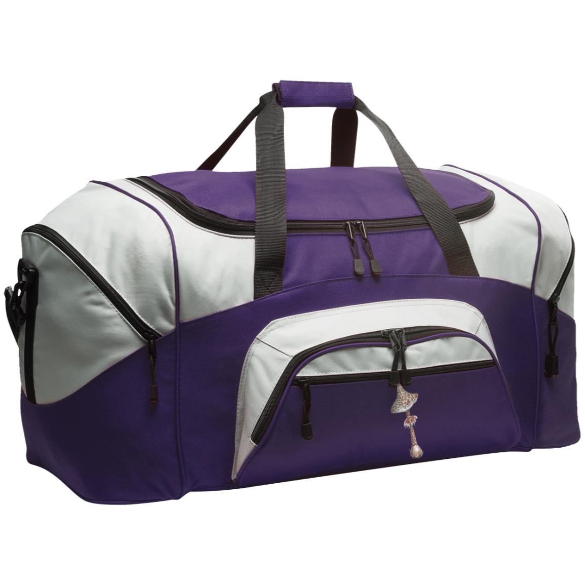 Purple and grey large duffle bag with pockets and parasol mushroom