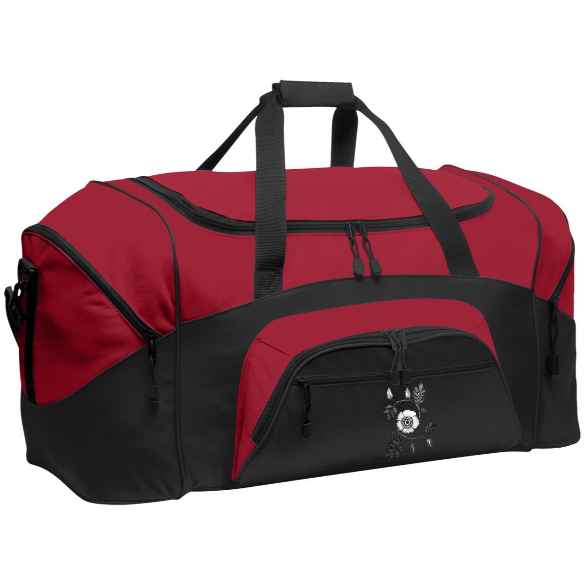 Red and black duffle bag (Large) with pockets and wild rose drawing