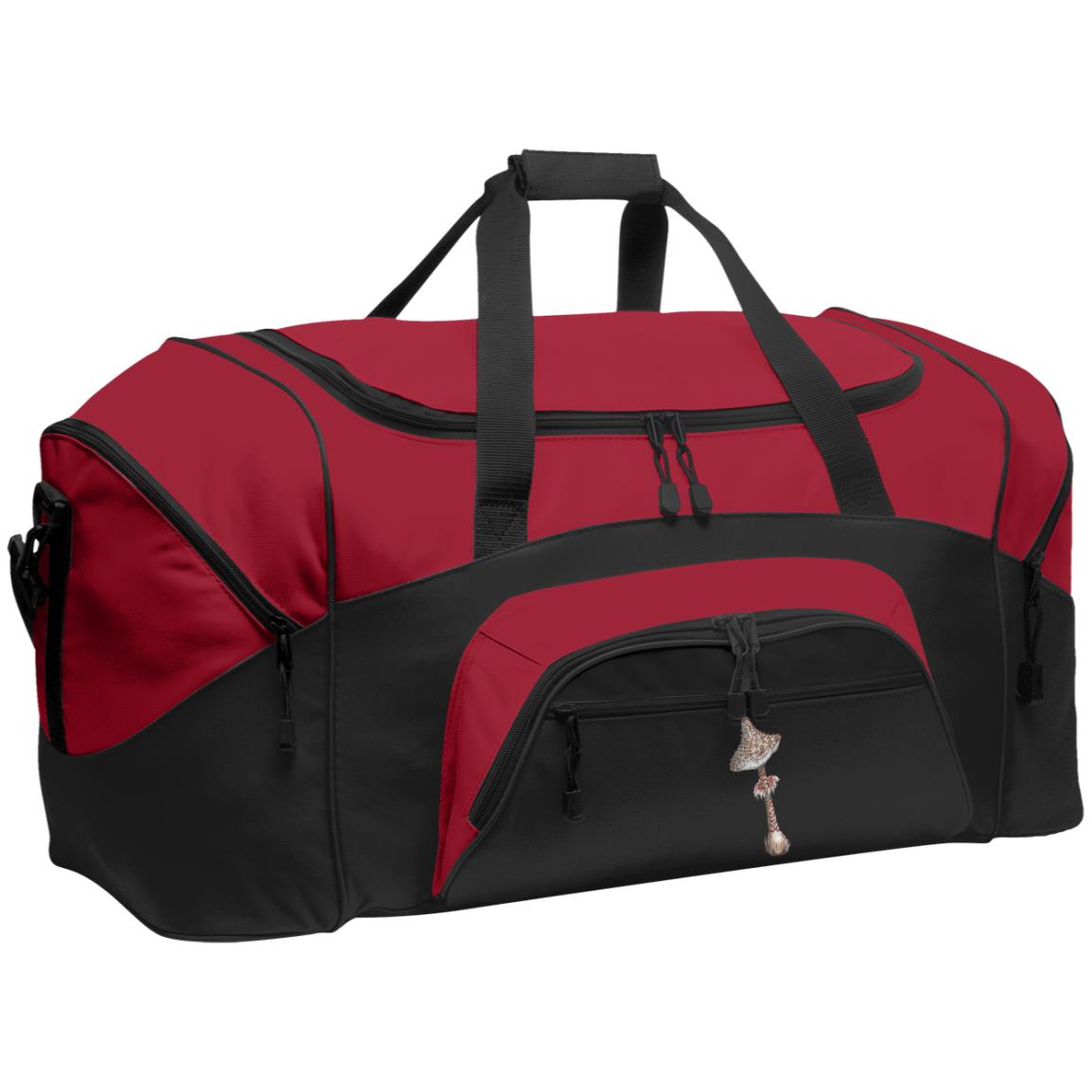 Red and black duffle bag with pockets and parasol mushroom