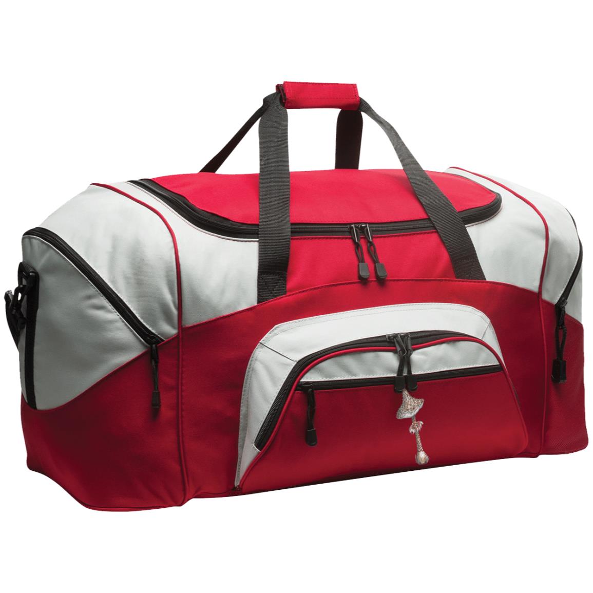 Red and grey large duffle bag with pockets and parasol mushroom