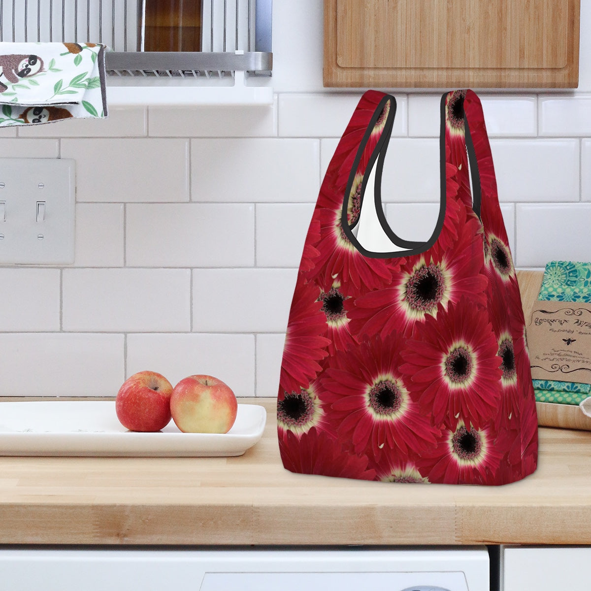 folding shopping bag (Polyester with storage pouch) Red gerbera daisy 1