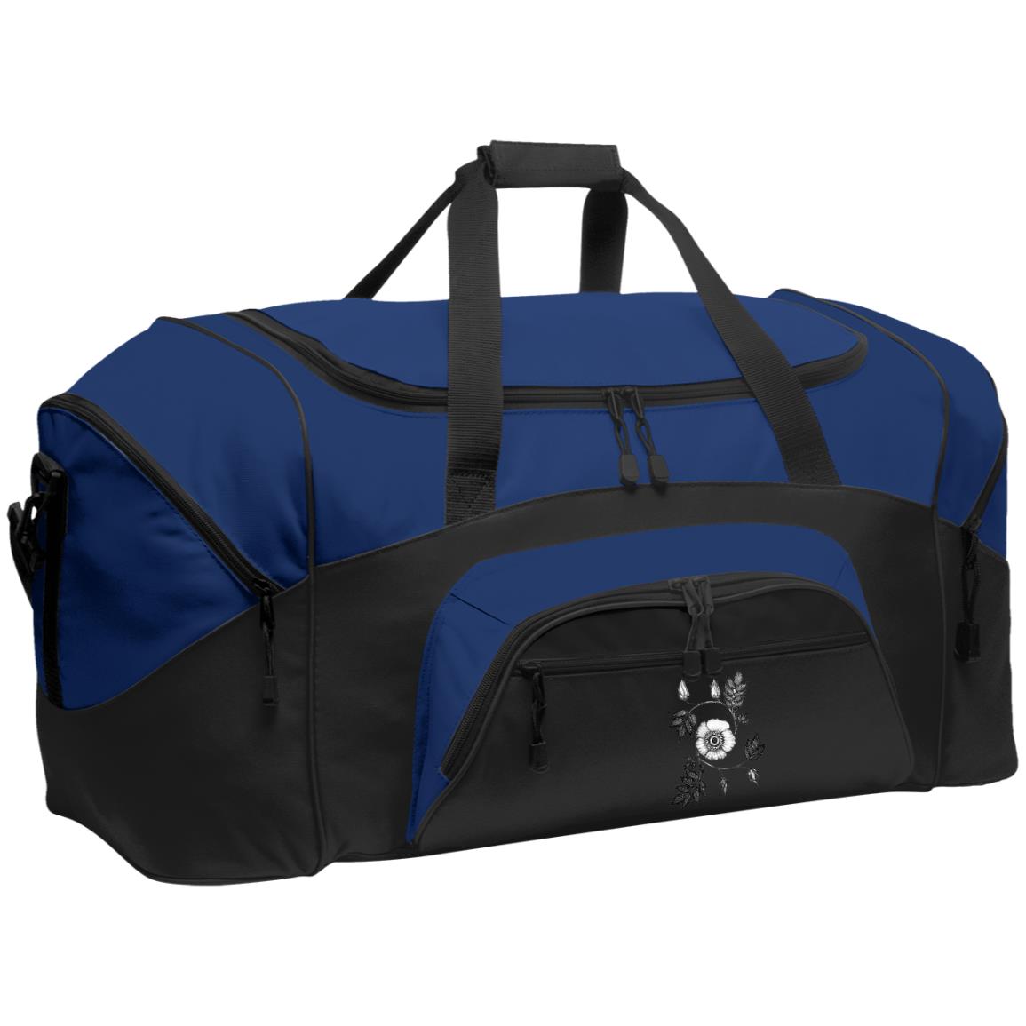 Royal blue and black duffle bag (Large) with pockets and wild rose drawing