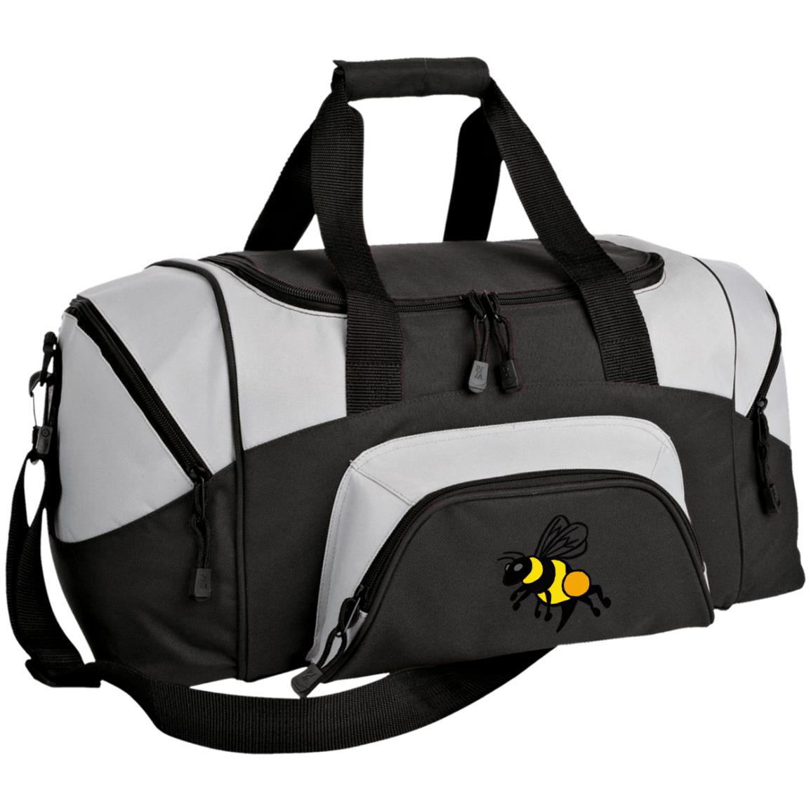 Small dark and light grey duffel bag honey bee