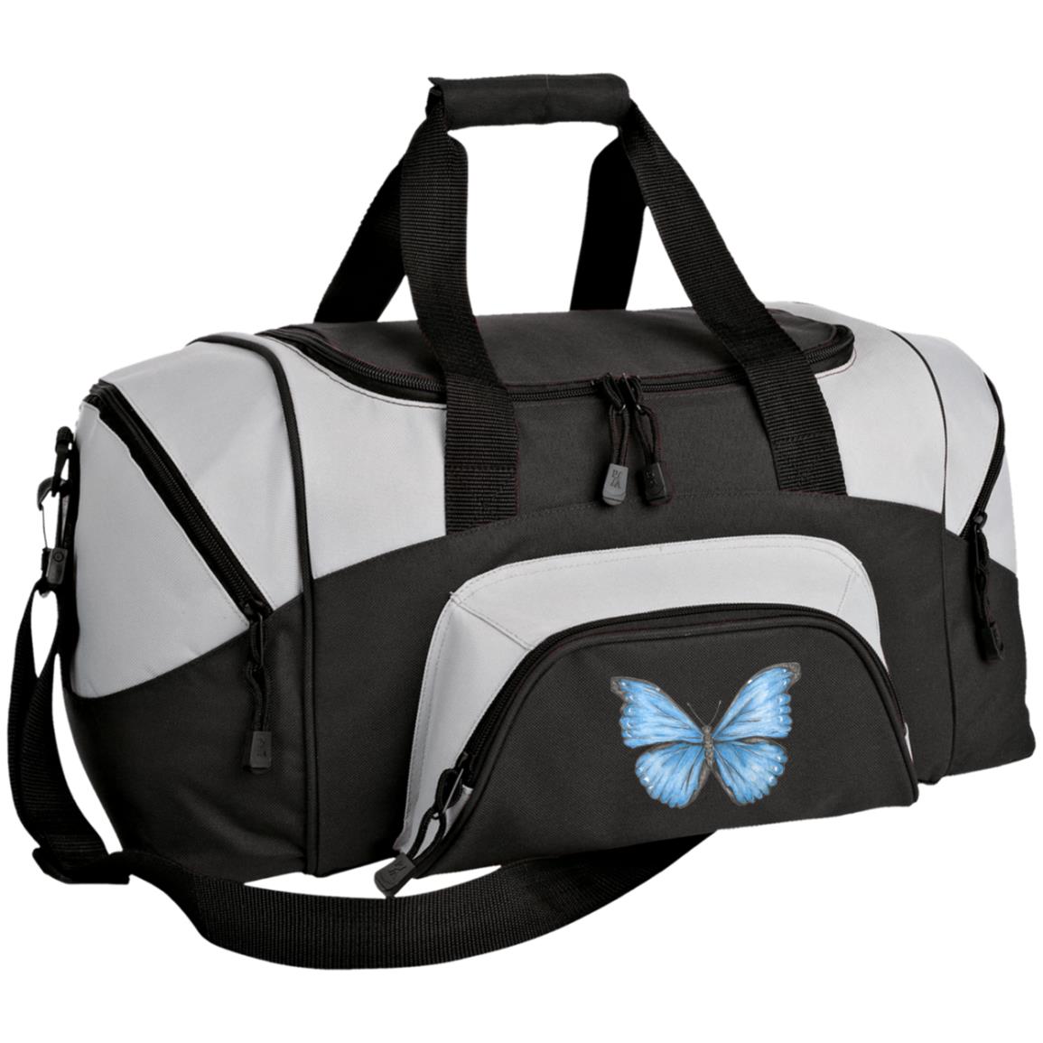 Small dark grey and light grey duffel bag with Cramer's blue morpho butterfly 