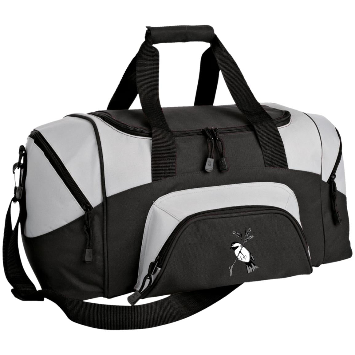 Small dark and light grey duffel bag with black capped chickadee