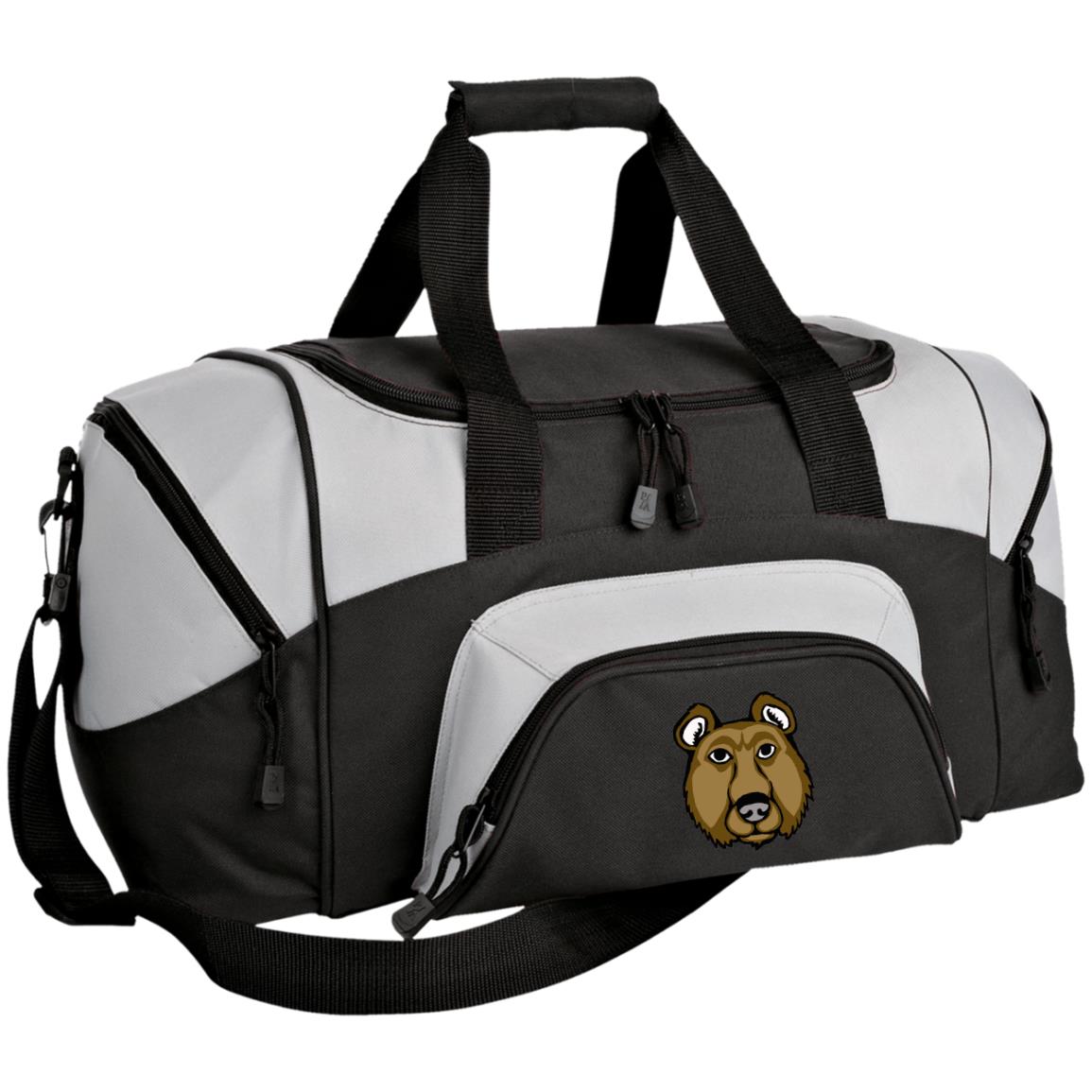 Small dark and light grey duffel bag brown bear