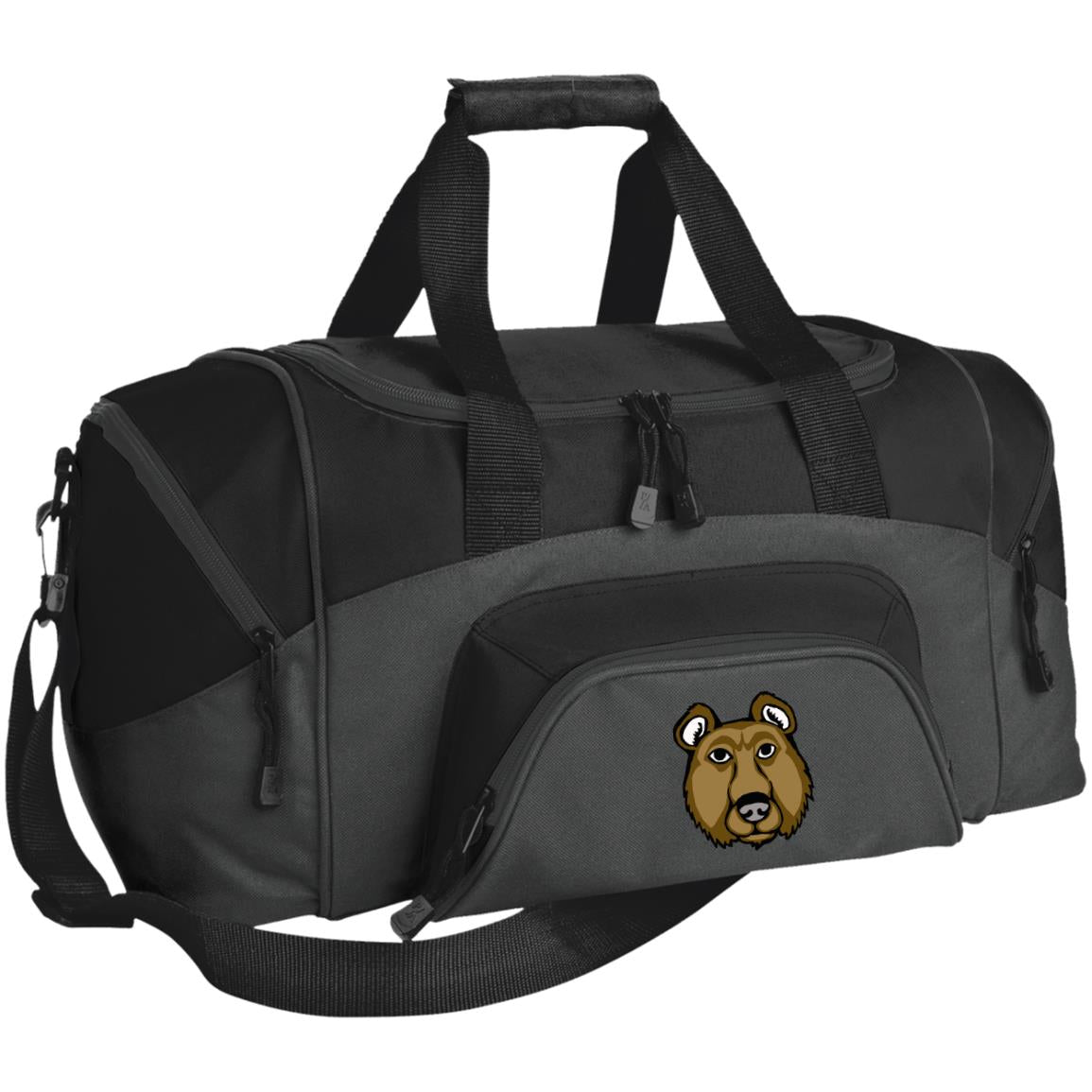 Small grey and black duffel bag brown bear