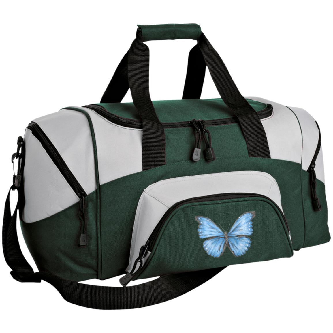 Small green and light grey duffel bag with Cramer's blue morpho butterfly