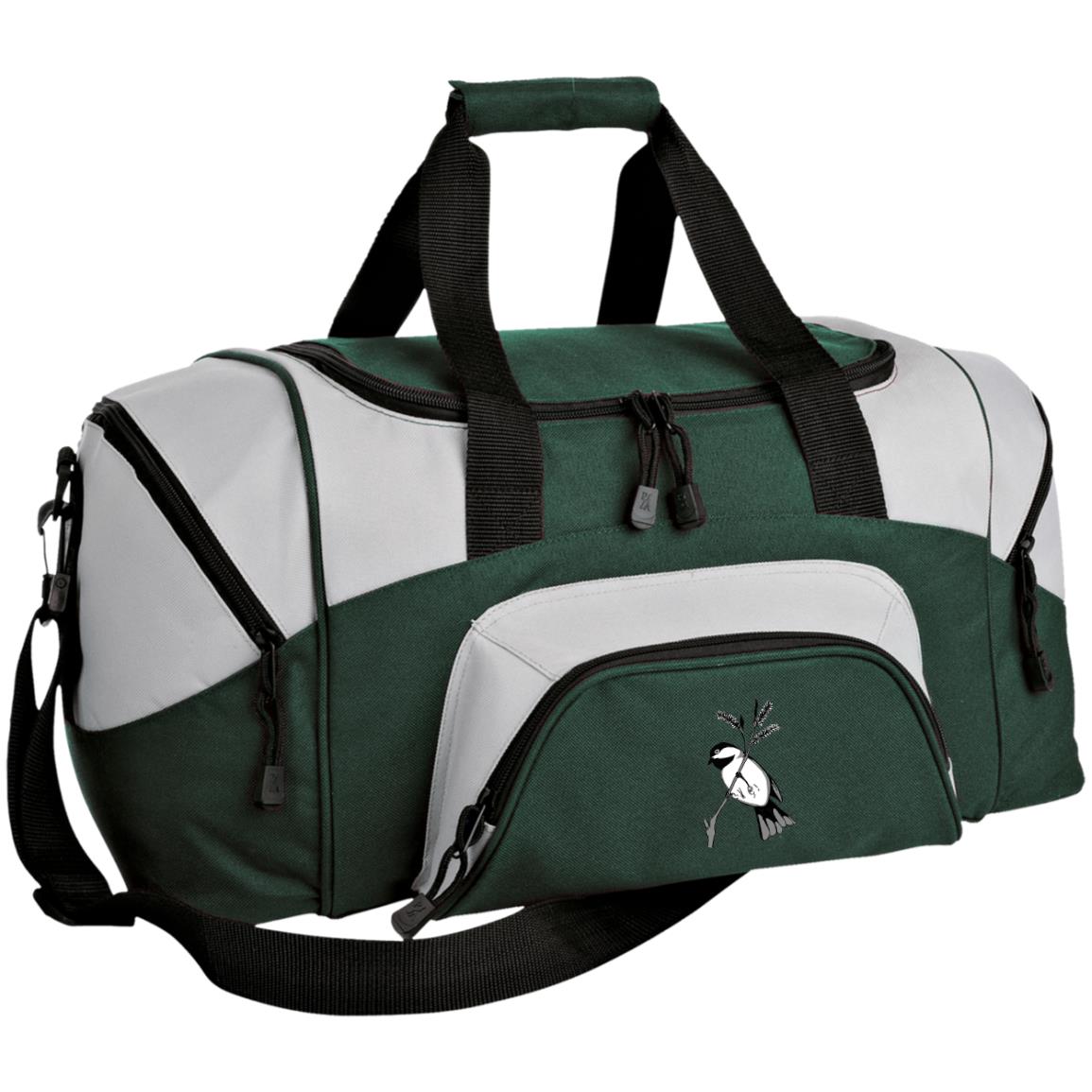 Small green and  grey duffel bag with black capped chickadee