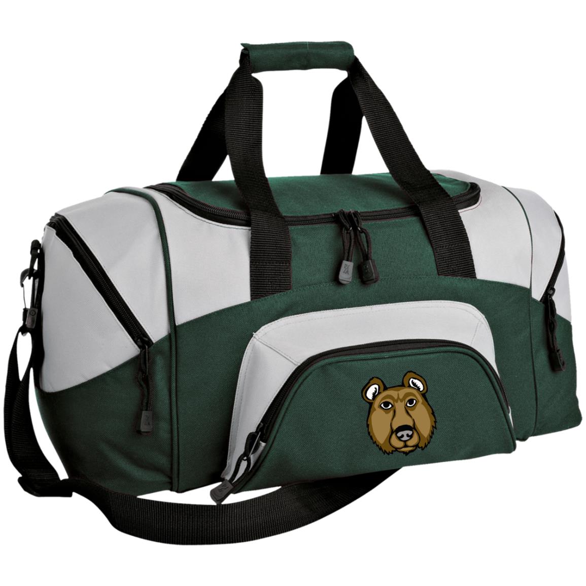 Small green and grey duffel bag brown bear