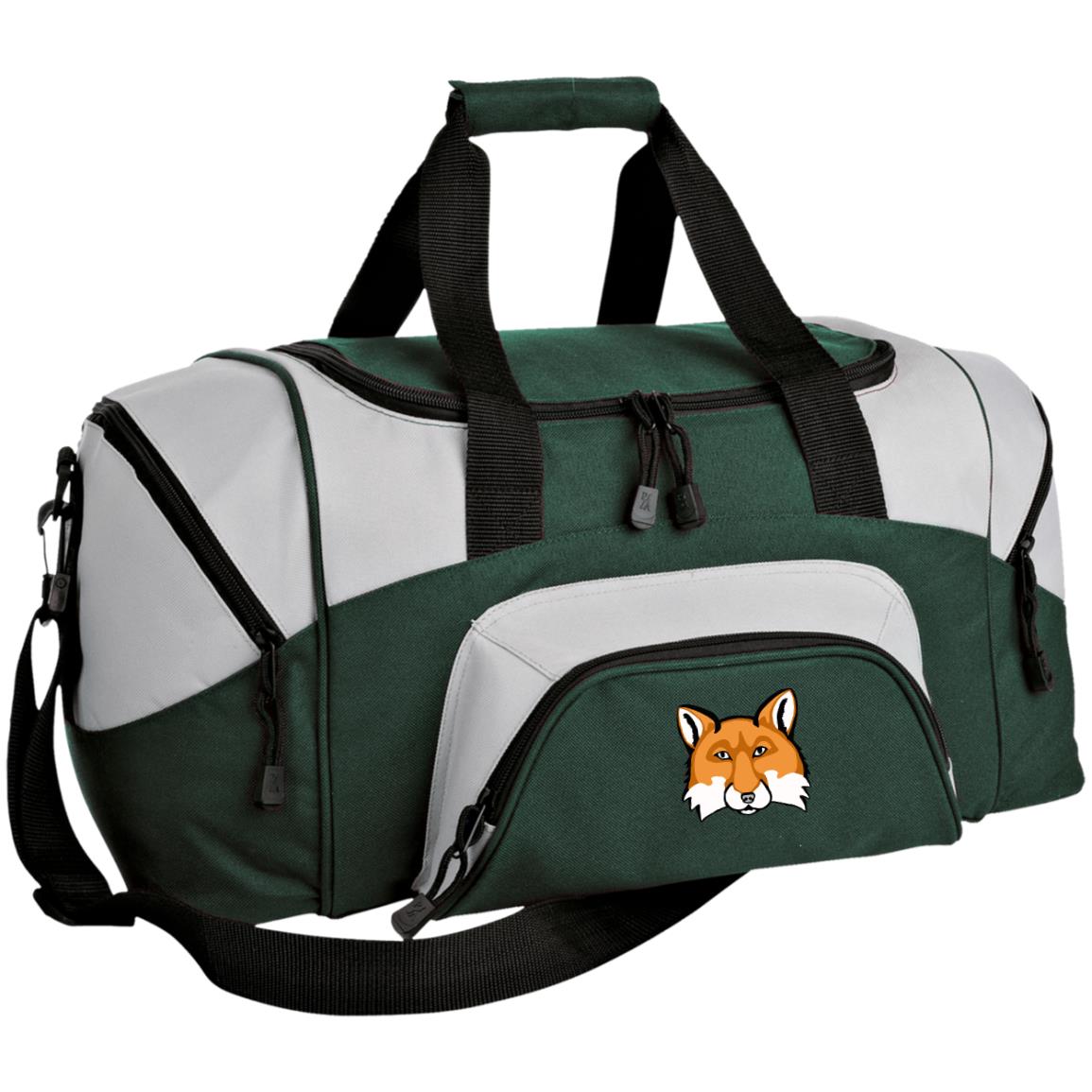 Small green and black duffel bag red fox