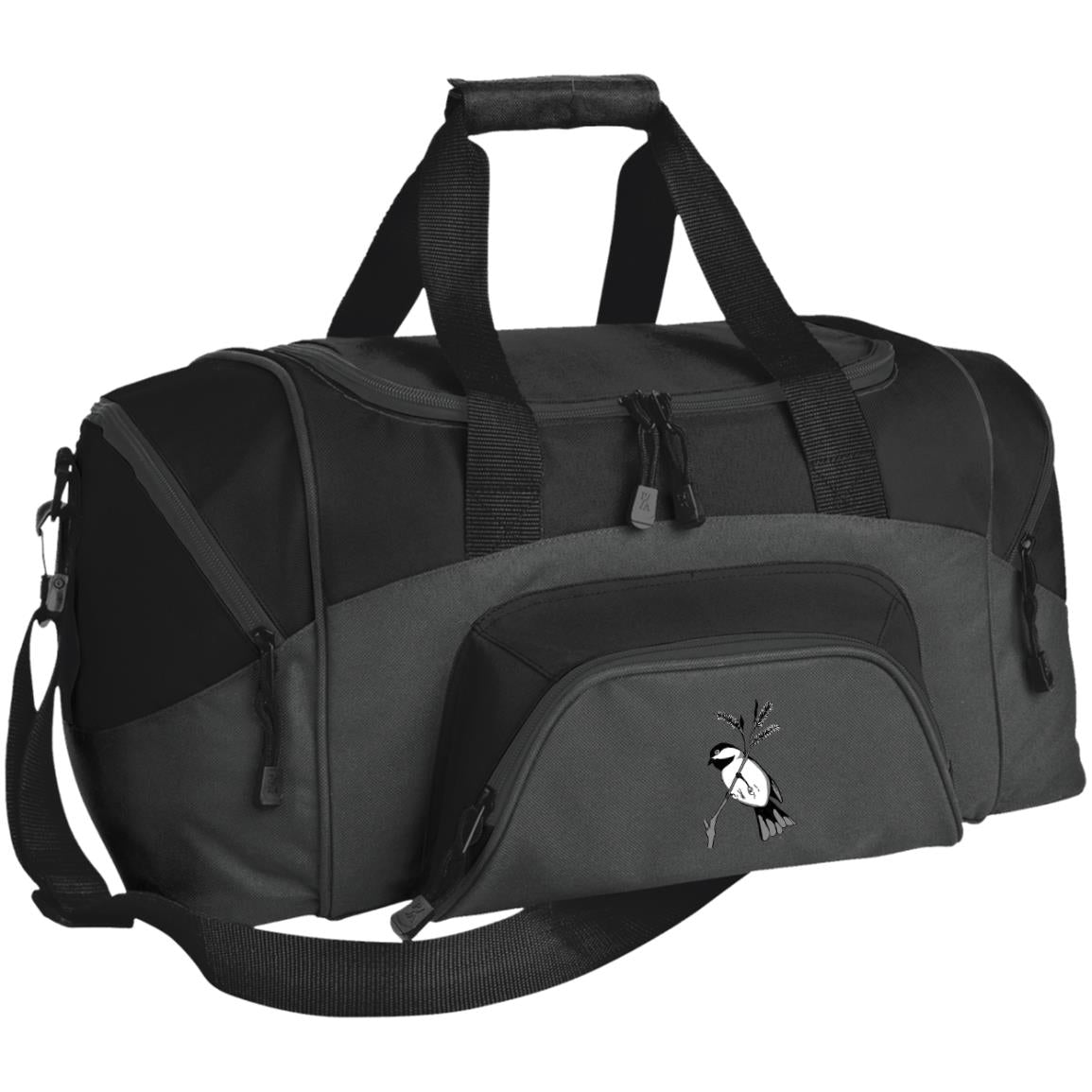 Small black and grey duffel bag with black capped chickadee