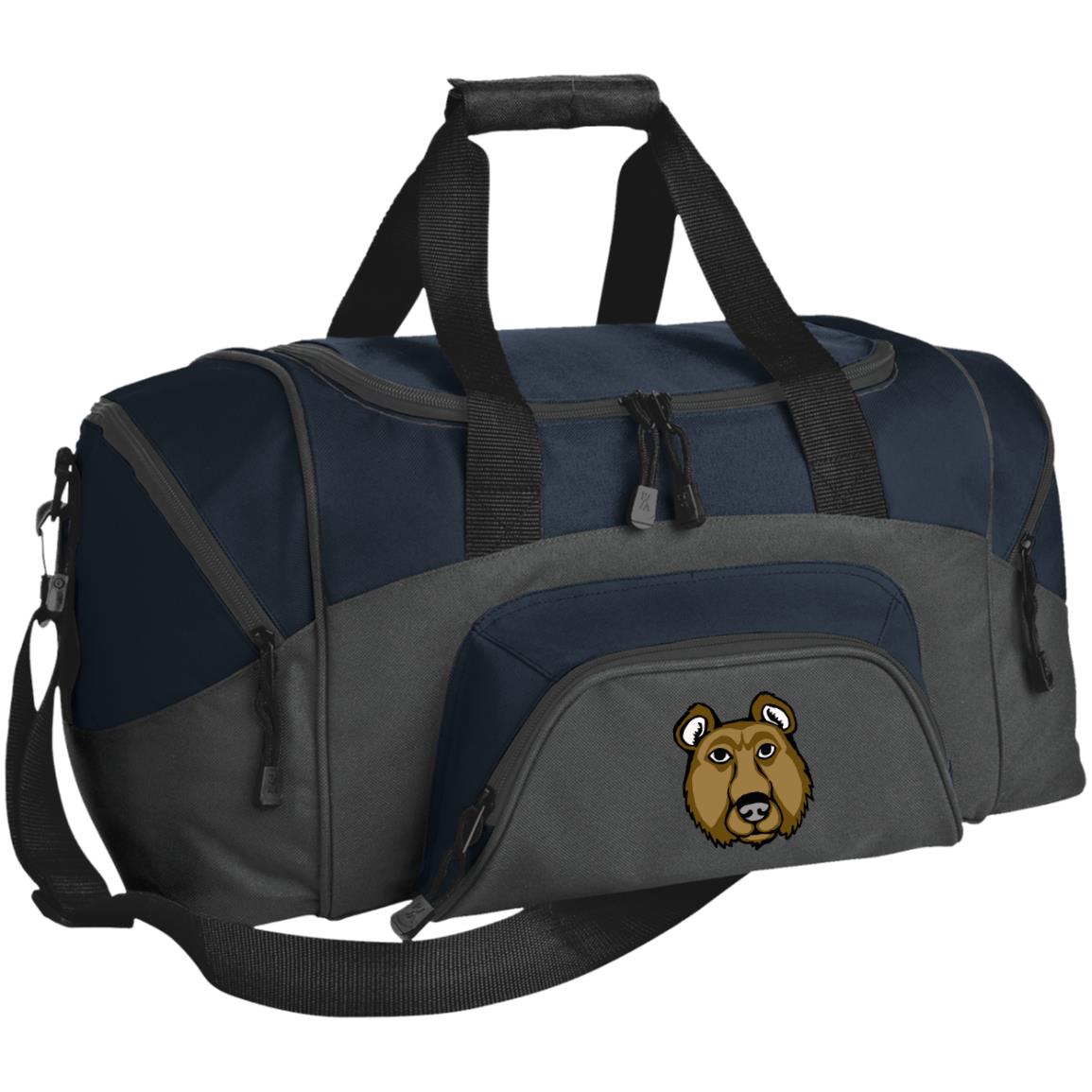 Small blue and grey duffel bag brown bear