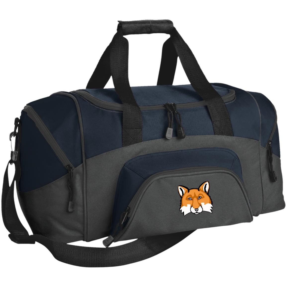 Small blue and black duffel bag red fox