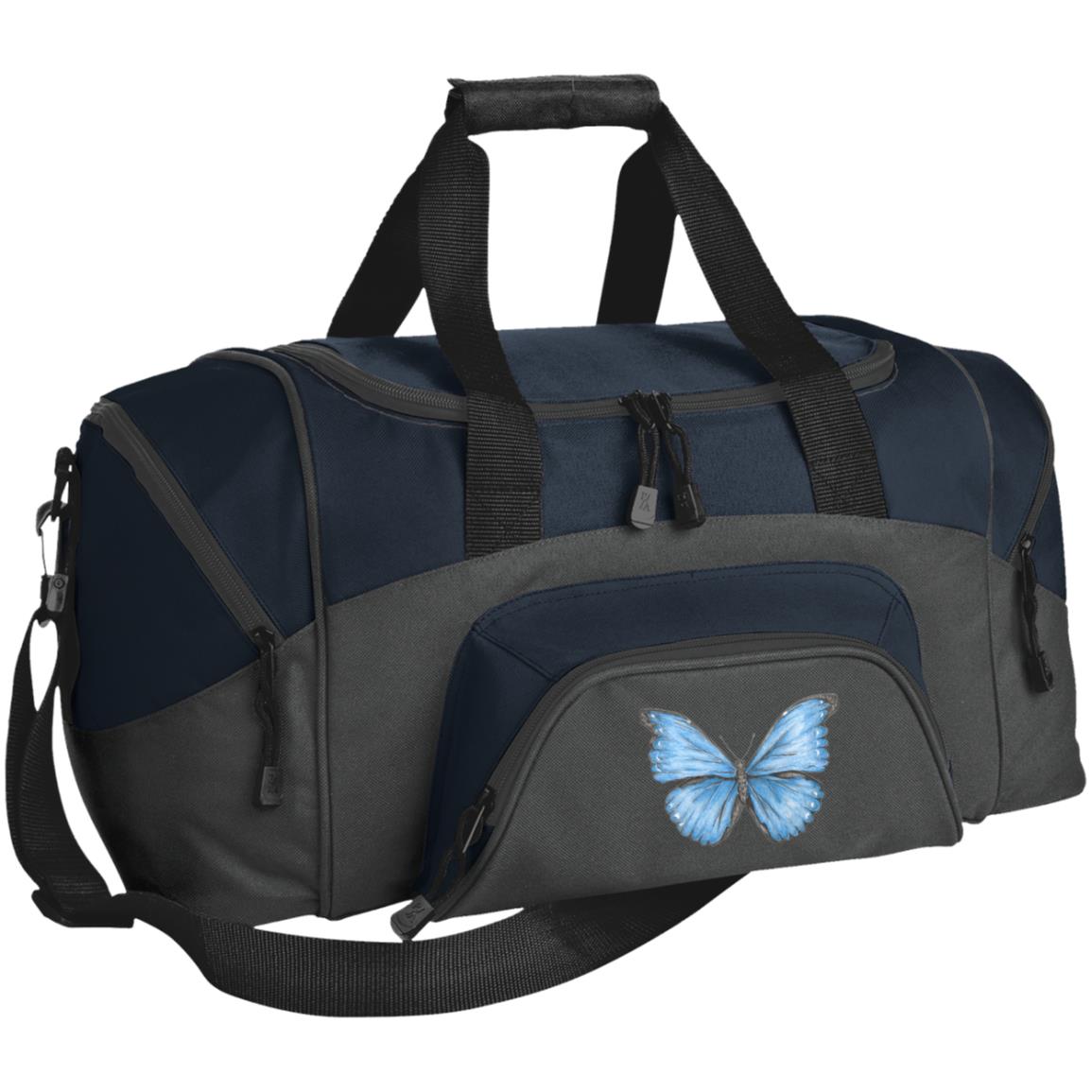 Small blue and grey duffel bag with Cramer's blue morpho butterfly