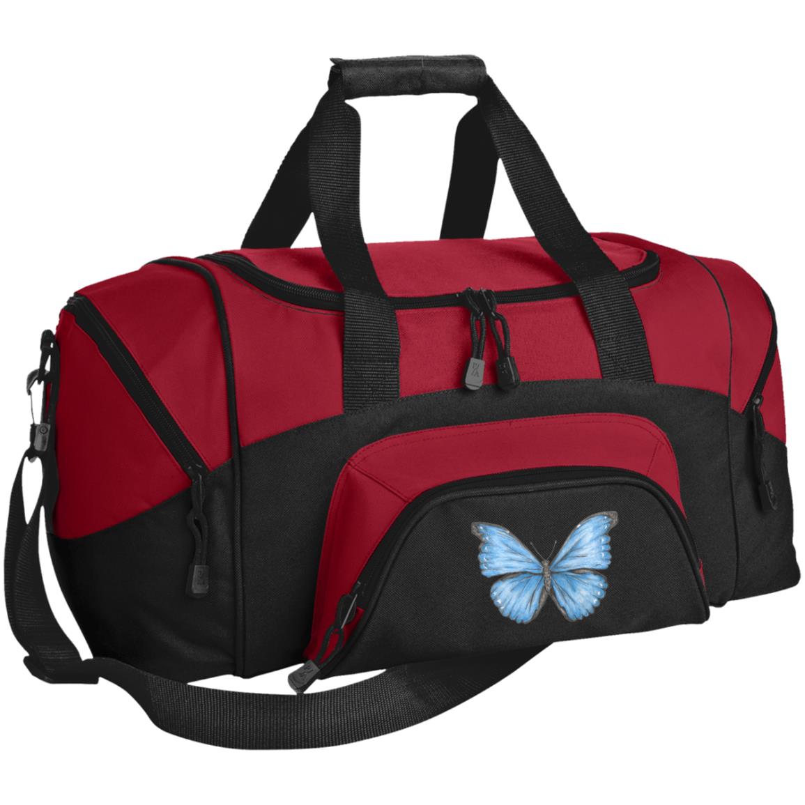 small red and black duffel bag with Cramer's blue morpho butterfly