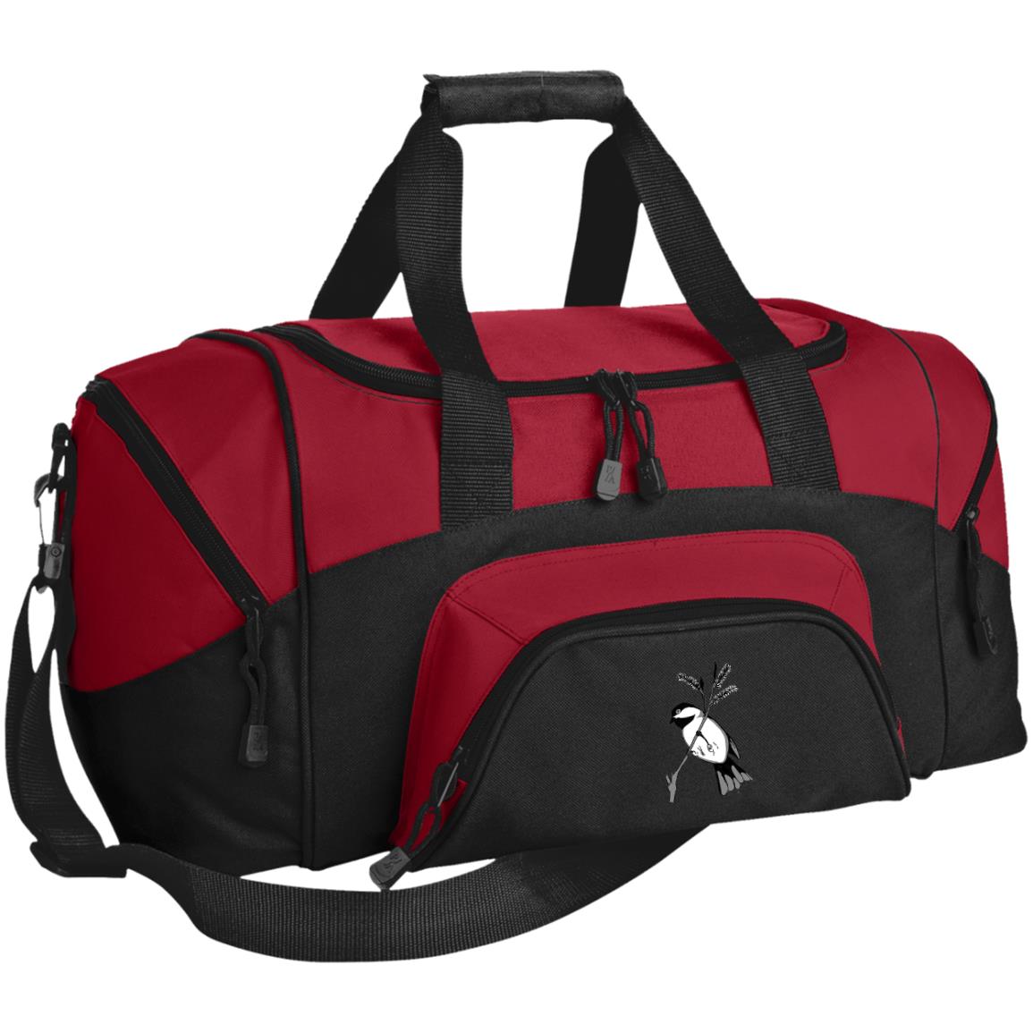 Small red and black duffel bag with black capped chickadee